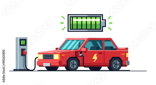 Electric Vehicle (EV) charging at public station with full battery indicator, modern flat vector illustration of eco-friendly sustainable transportation technology and renewable energy.