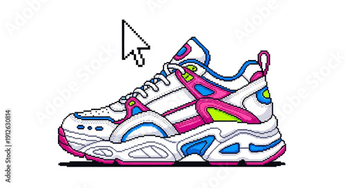 Retro 90s Chunky Sneaker Pixel Art Illustration with Cursor Pointer. Vintage Vaporwave Style Athletic Shoe Graphic Resource for E-commerce or Gaming.