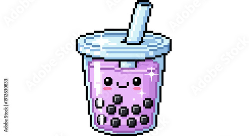 Adorable Pixel Art Bubble Tea Icon with Kawaii Face. Cute 8-bit Taro Boba Milk Drink Graphic Element for Retro Gaming, Stickers, and Digital Design on White Background.