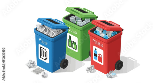 Colorful Isometric Recycling Bins for Paper, Glass, and Plastic Waste Segregation, Promoting Environmental Responsibility and Sustainable Zero Waste Policy
