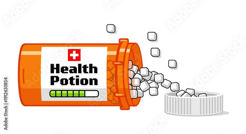 Retro Health Potion in Pill Bottle Icon. Cube Pills Spilled Out, 8-bit Style Status Bar Graphic Element for Gaming or Medical Concepts.
