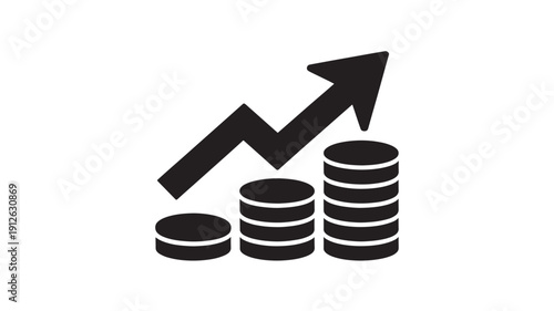 Stacked coins with increasing graph in simple flat design with black color on white background for financial growth