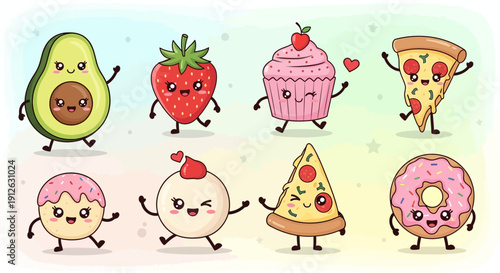 Cute Kawaii Food Characters with Happy Expressions Vector Illustration