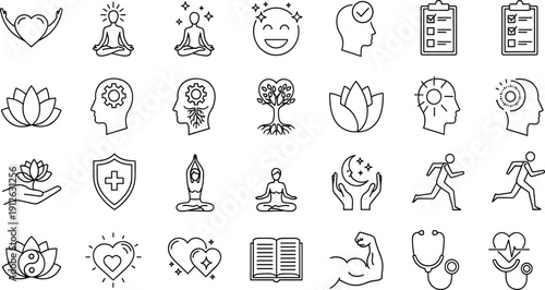 Set of wellness icons, meditation symbols, mental health elements, yoga poses, heart care, lotus flower, mindfulness, healthy lifestyle, medical insurance, and self-care outline vector (21 words)