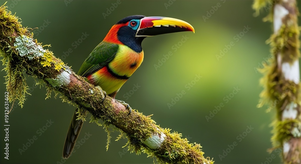 Fototapeta premium Fiery-Billed Aracari on Colorful Branch