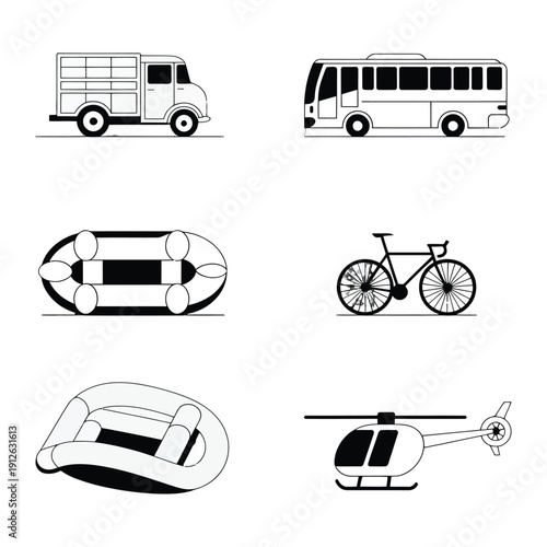 Transportation Means: A compilation of various modes of transportation, each precisely delineated, showcasing diverse ways of movement and travel. 