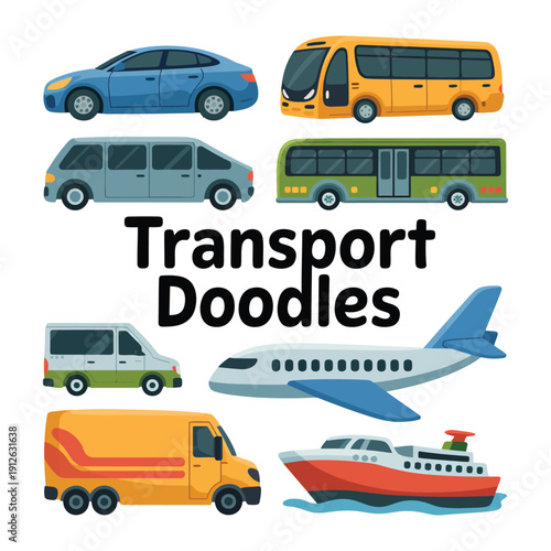 Transport Doodles: A collection of various transport vehicles, each artfully depicted, promising a visual journey for any project or presentation.