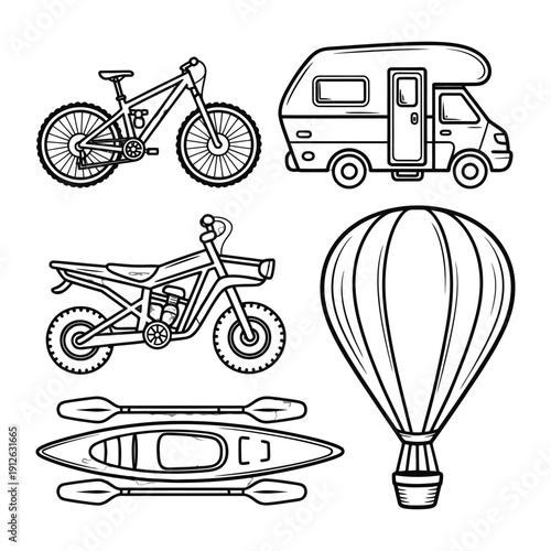 Adventure Vehicles Illustration: A collection of various adventure vehicles, including a bicycle, recreational vehicle, motorcycle, kayak with paddle, and a hot air balloon.