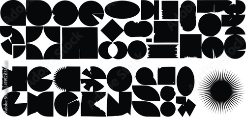 Geometric shapes and Whisk elements in a modern abstract composition with various forms and negative space, viewed from a straightforward perspective