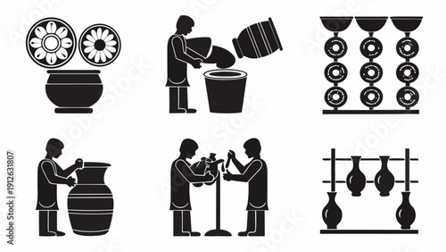 Pottery making process with silhouettes of potters at work
