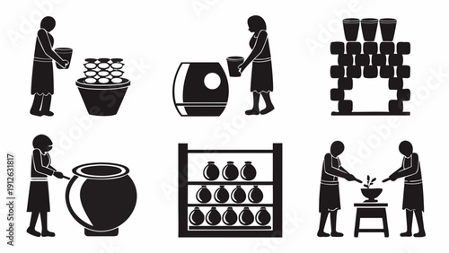 Silhouettes of people working with pottery and ceramic products