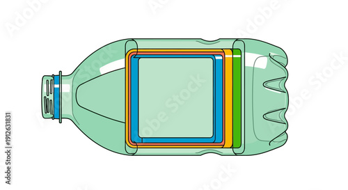 Conceptual Vector Illustration of Layered Data Frames Inside a Plastic Bottle. Information Storage, Digital Content, or Environmental Recycling Metaphor.