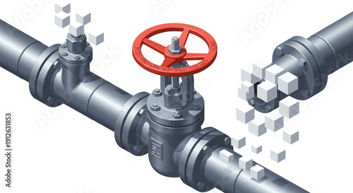 Digital Data Pipeline and Industrial Valve Concept. 3D rendered metallic pipe infrastructure with a red gate valve managing the flow of abstract white cubes representing information or cryptocurrency.