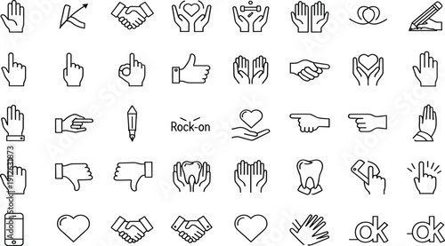 Vector collection of hand gesture line icons including handshake, pointing, thumbs up, holding heart, writing, and communication symbols.