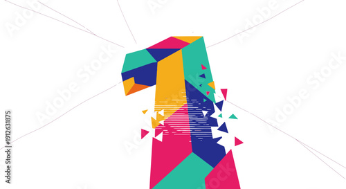 Abstract Geometric Number One Design. Vibrant Low Poly Digit 1 with Fragmentation Effect. First Place Concept, Modern Digital Art.