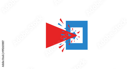 Dynamic Impact Logo: Red Projectile Shattering Blue Barrier, Conceptual Vector Illustration of Breakthrough and Success