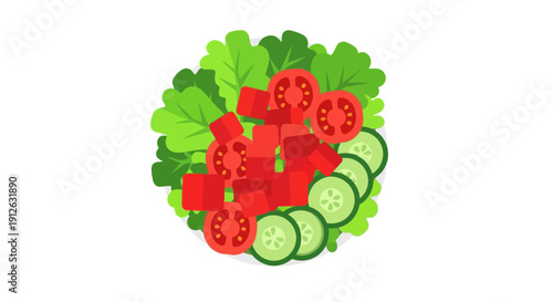 Fresh Garden Salad Flat Lay Illustration with Lettuce, Tomato, and Cucumber. Healthy Vegan Food and Nutrition Concept Vector Graphic.