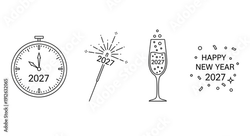 New Year 2027 Celebration Icons: Clock, Sparkler, Champagne, Confetti