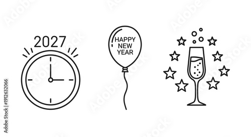 New Year 2027 Celebration Icons: Clock, Balloon, Champagne Glass with Stars