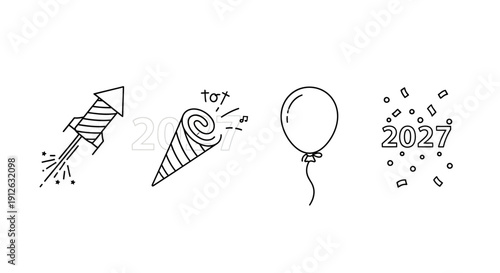 New Year 2027 Celebration Icons: Firework, Party Popper, Balloon, Confetti