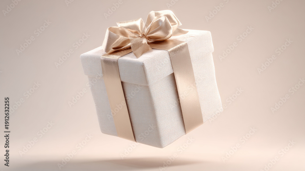 Fototapeta premium A gift box with a golden bow floating in air, copy space.