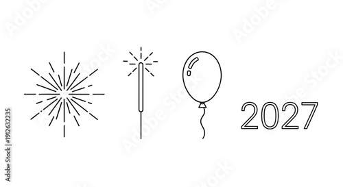 New Year 2027 Celebration Icons: Sparkler, Firework, Balloon, and Number