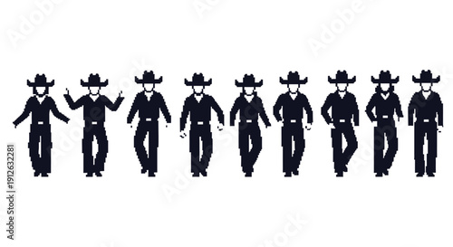 pixel art cowboys animated walking and dancing sprite sheet 8-bit retro game characters on white ideal for game design.