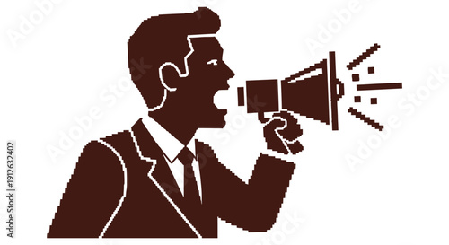 pixel art man in a suit shouting into a megaphone symbolizing urgent communication public speaking and a digital call to action.