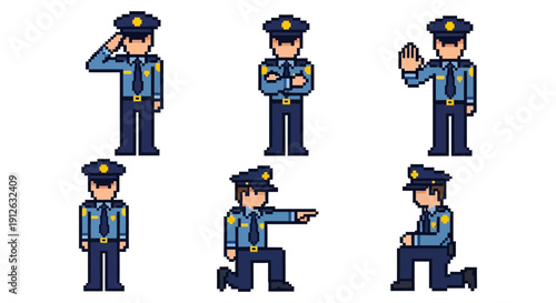 pixel art police officer in various poses like saluting stopping and kneeling ideal for retro game assets law enforcement.