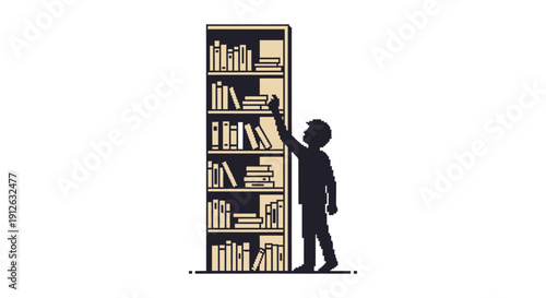 pixel art silhouette of a person reaching for a book on a bookshelf symbolizing education knowledge reading and literature concepts.
