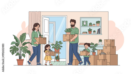 A happy family with two children moving into a new home, carrying cardboard boxes and houseplants through the front door together.