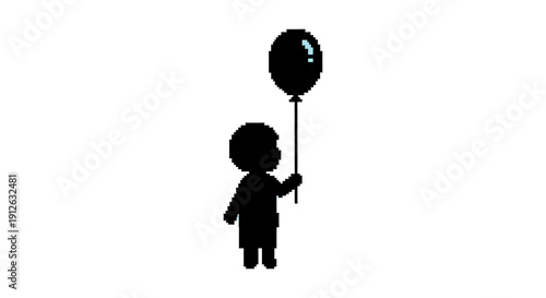 pixel art silhouette child holding a black balloon on white a minimalist graphic conveying childhood innocence and dreamlike purity