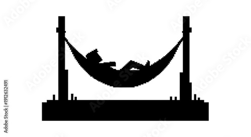 pixel art silhouette of a person relaxing peacefully in a hammock slung between two posts evoking simple leisure and retro gaming nostalgia
