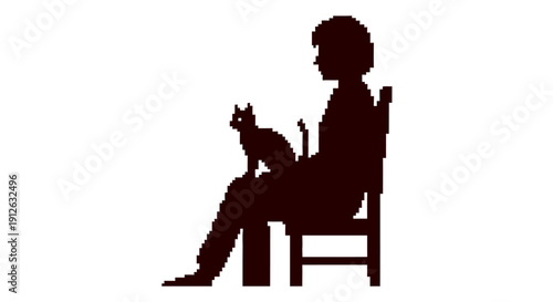 pixel art silhouette of a person with a cat on their lap sitting calmly in a chair a minimalist and cozy retro illustration.