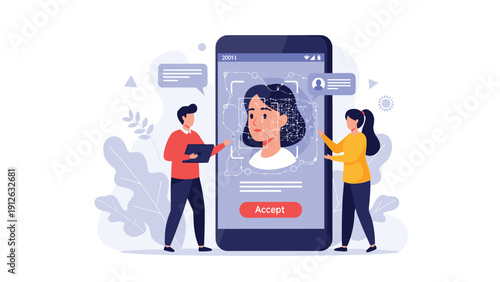A concept illustration of facial recognition technology, with people using a smartphone app to scan and verify a woman's face for security.