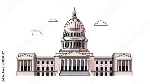 A clean line art illustration of the United States Capitol Building in Washington D.C., a famous American landmark and government icon.