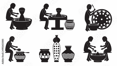 Children creating pottery in art class silhouettes