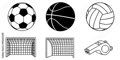 Collection of sports equipment icons including soccer ball, basketball, volleyball, soccer goals, and whistle