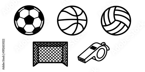 Collection of sports equipment including soccer ball, basketball, volleyball, goal net, and whistle on a clean background from a straightforward viewpoint
