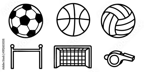 Canvastavla Collection of sports equipment icons including soccer ball, basketball, volleyball, goalposts, and whistle on a plain background from a straightforward viewpoint