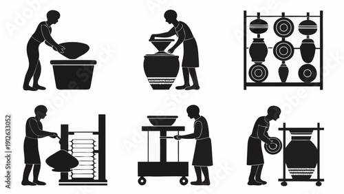 Pottery making process with silhouettes of artisans at work