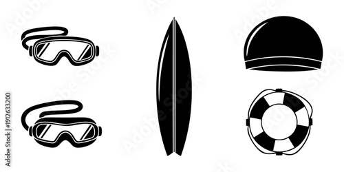 A collection of surfing and swimming accessories including goggles, surfboard, cap, and life preserver displayed in a minimalist style