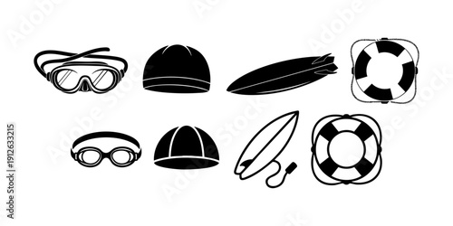 Assorted black and white illustrations of various sports equipment and swimwear icons arranged neatly on a clean background