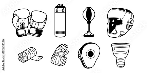 Collection of Boxing Equipment and Accessories Illustrated in Black and White