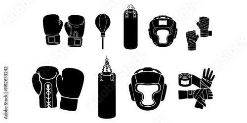 Collection of Boxing Equipment and Gear Displayed on a Plain Background from a Frontal Viewpoint