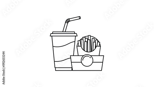 Black and white line art illustration of a classic fast food combo with crispy french fries in a carton and a soda in a paper cup with a straw.