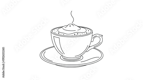 Simple black and white line drawing of a steaming hot cup of cappuccino with creamy foam on a matching saucer, isolated on white.