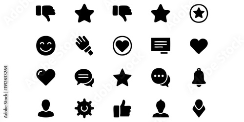 A collection of 20 black social media icons on a plain background, including likes, dislikes, and ratings, from a direct viewpoint.