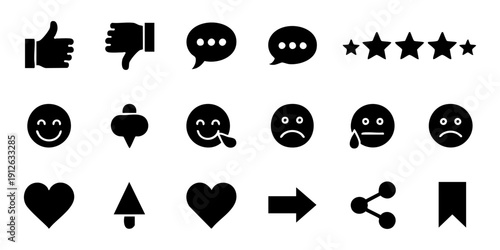 Collection of Black Emoticon Icons Representing Various Emotions and Actions on a Plain Background from a Direct Viewpoint