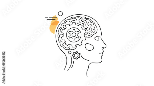 Line art illustration of a human head profile showing a brain intertwined with mechanical gears, representing logic, and mental processes.